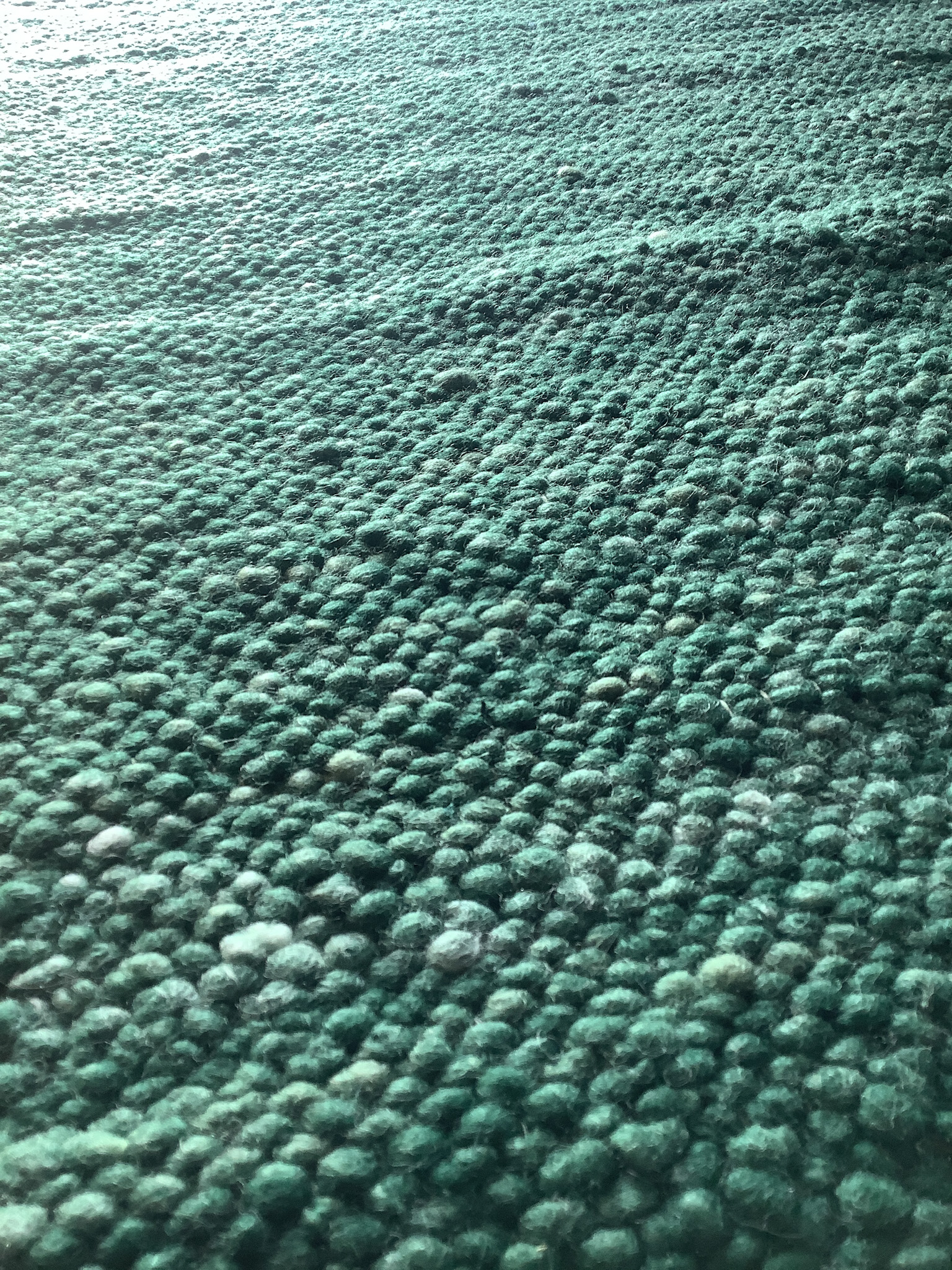 Detailaufnahme eines grünen, grob gewebten Wollteppichs mit deutlich sichtbarer, strukturierter Oberfläche