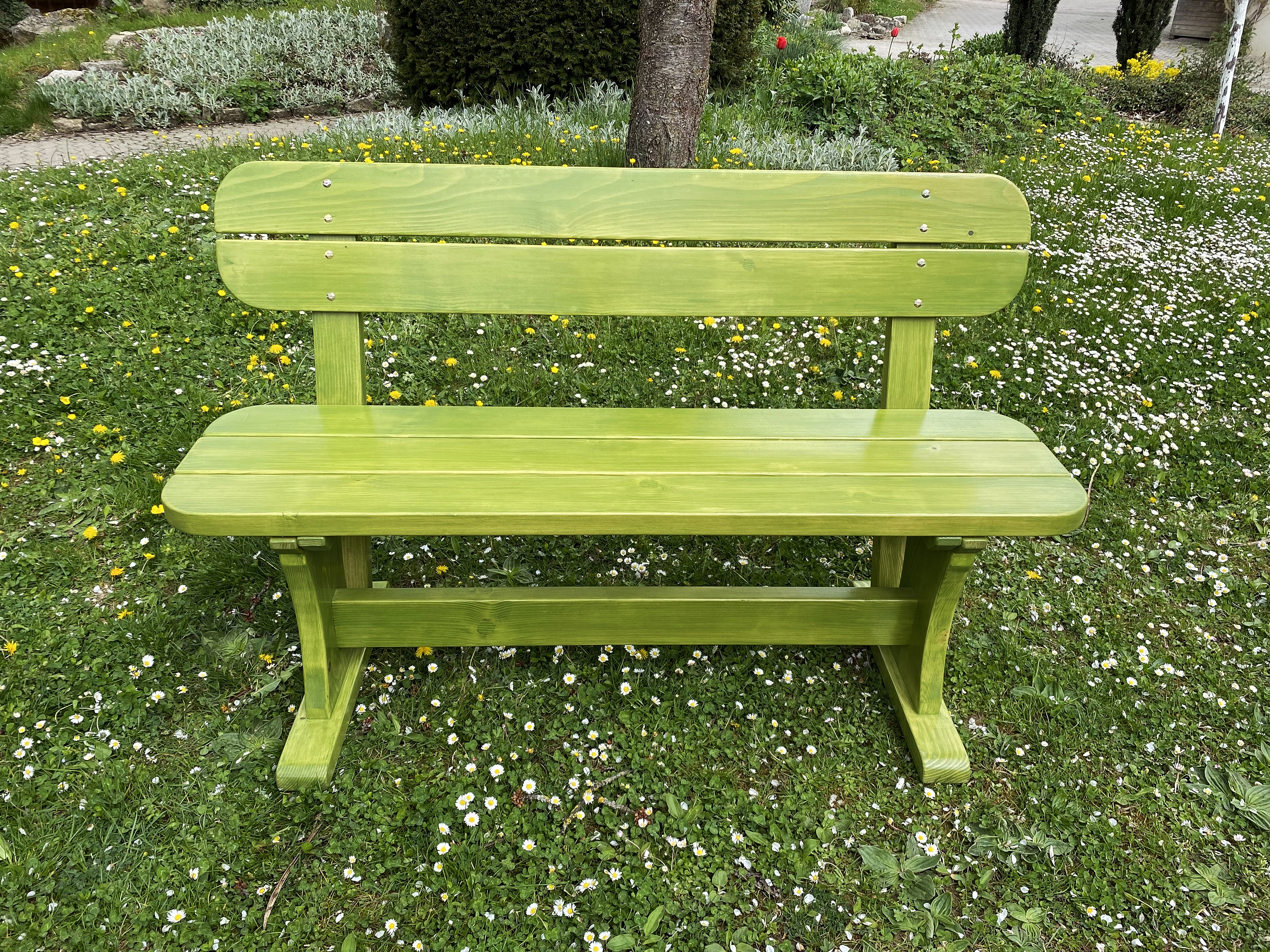 Grün lasierte Holz-Gartenbank mit Rückenlehne auf einer blühenden Wiese im Garten