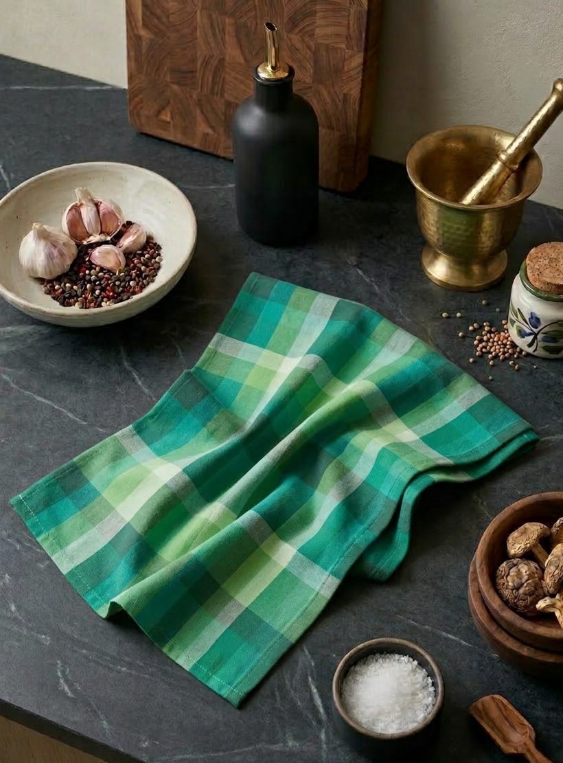 Grünes kariertes Baumwoll-Küchenhandtuch dekorativ auf einer dunklen Küchenarbeitsplatte mit Gewürzen und Küchenutensilien arrangiert