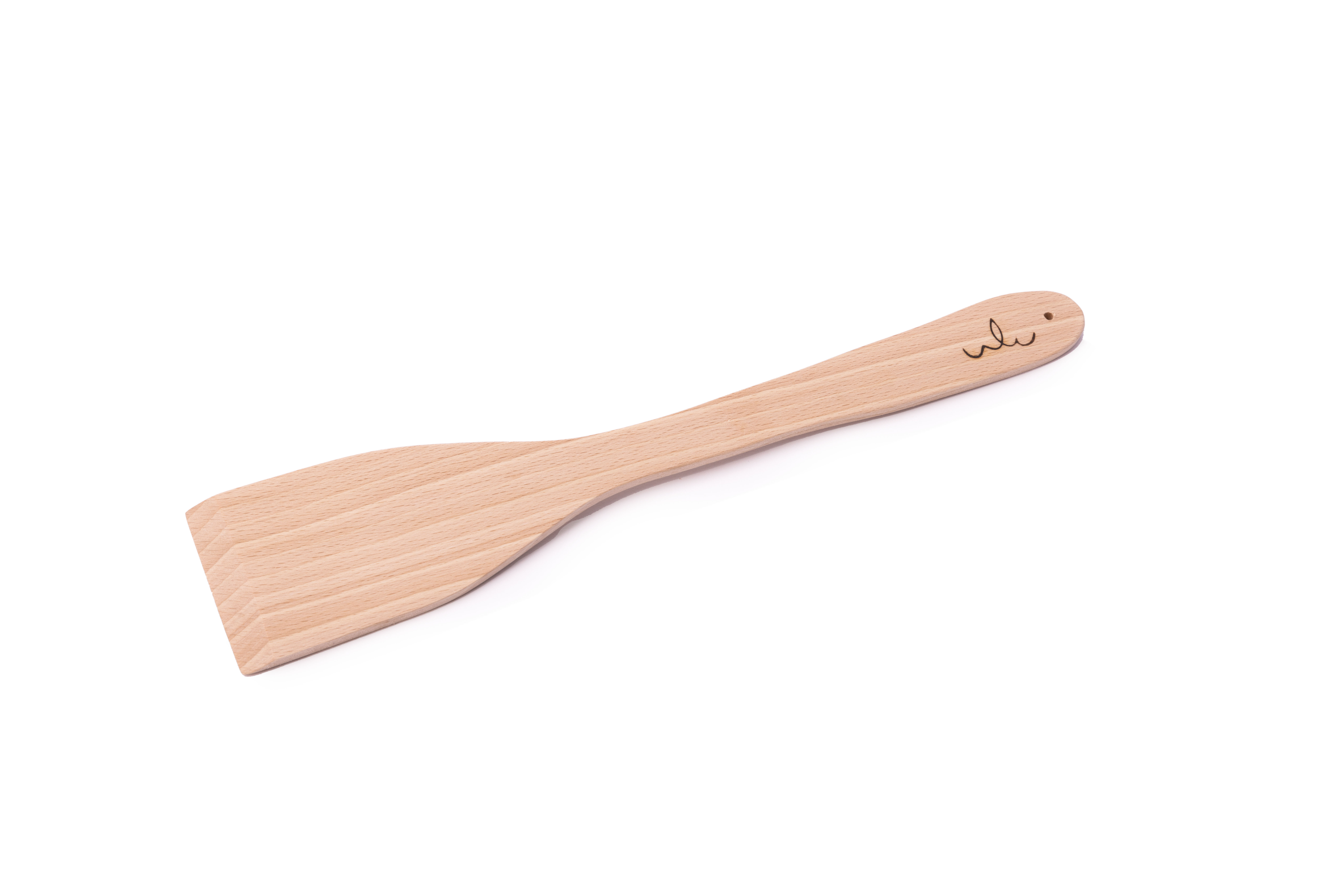 Holzspatel aus Buchenholz – Robust und langlebig Ein robuster Holzspatel aus Buchenholz mit graviertem Logo auf dem Griff. Ideal zum Kochen und Braten.