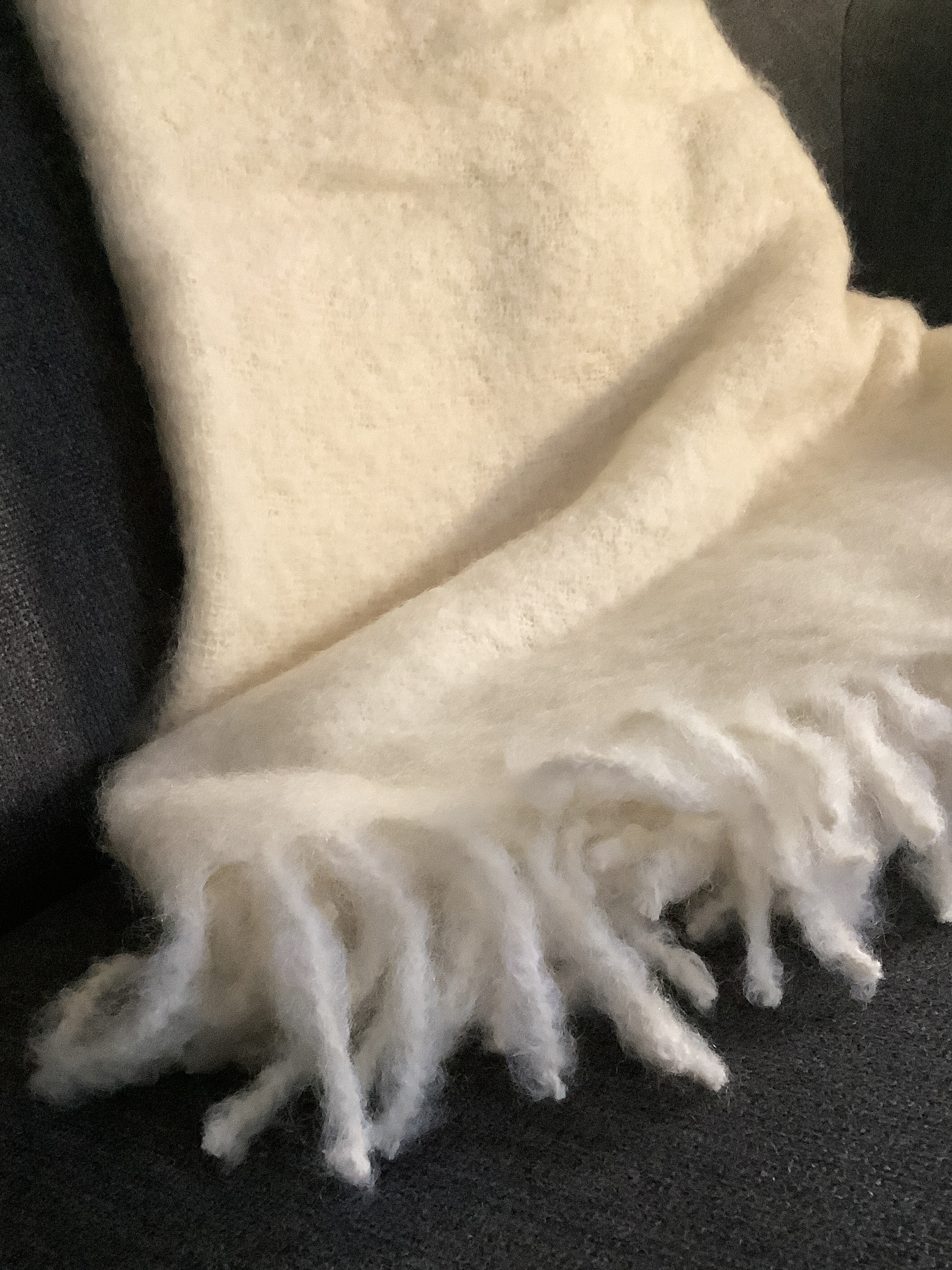 Weiche cremefarbene Decke mit Fransen auf dunklem Sofa Cremefarbene Decke mit Fransen dekorativ auf einem Sofa ausgelegt.