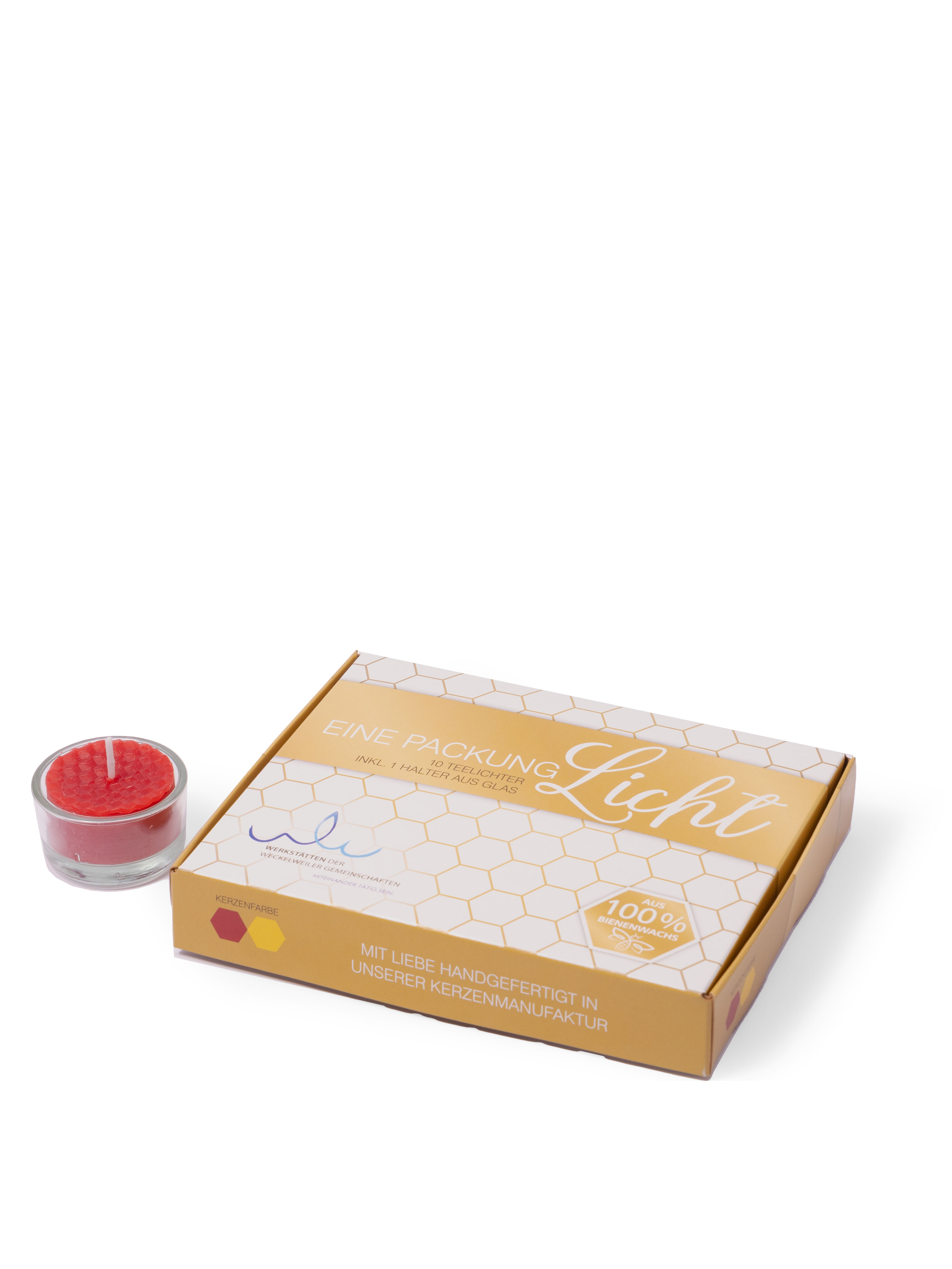 Set mit handgefertigten Bienenwachsteelichtern in Geschenkverpackung Geschenkverpackung mit Teelicht aus Bienenwachs und Glashalter, liebevoll handgefertigt