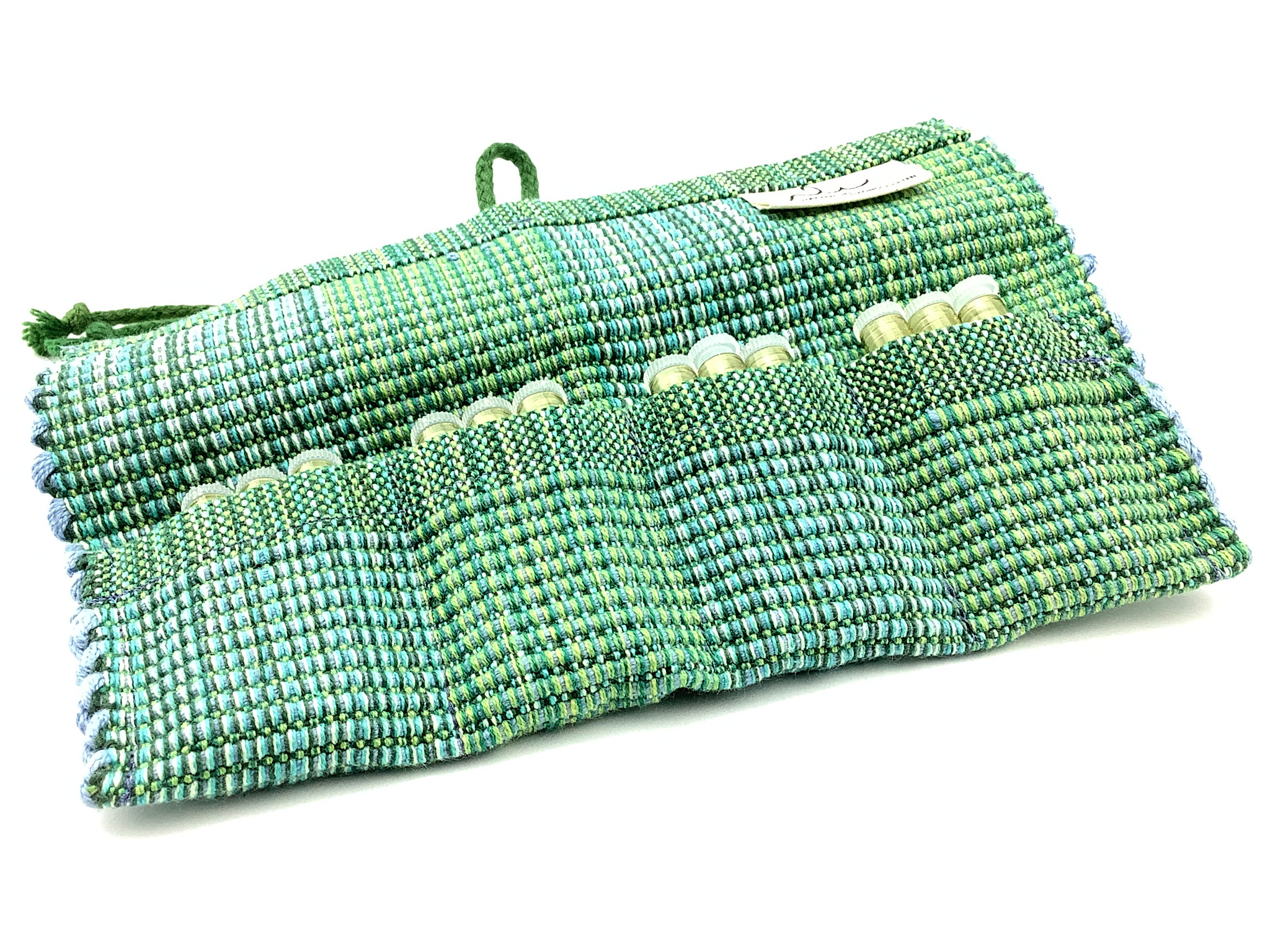 Handgefertigte grüne Stofftasche mit Steckplätzen Mehrfarbige gewebte Stofftasche mit Steckplätzen und Kordel