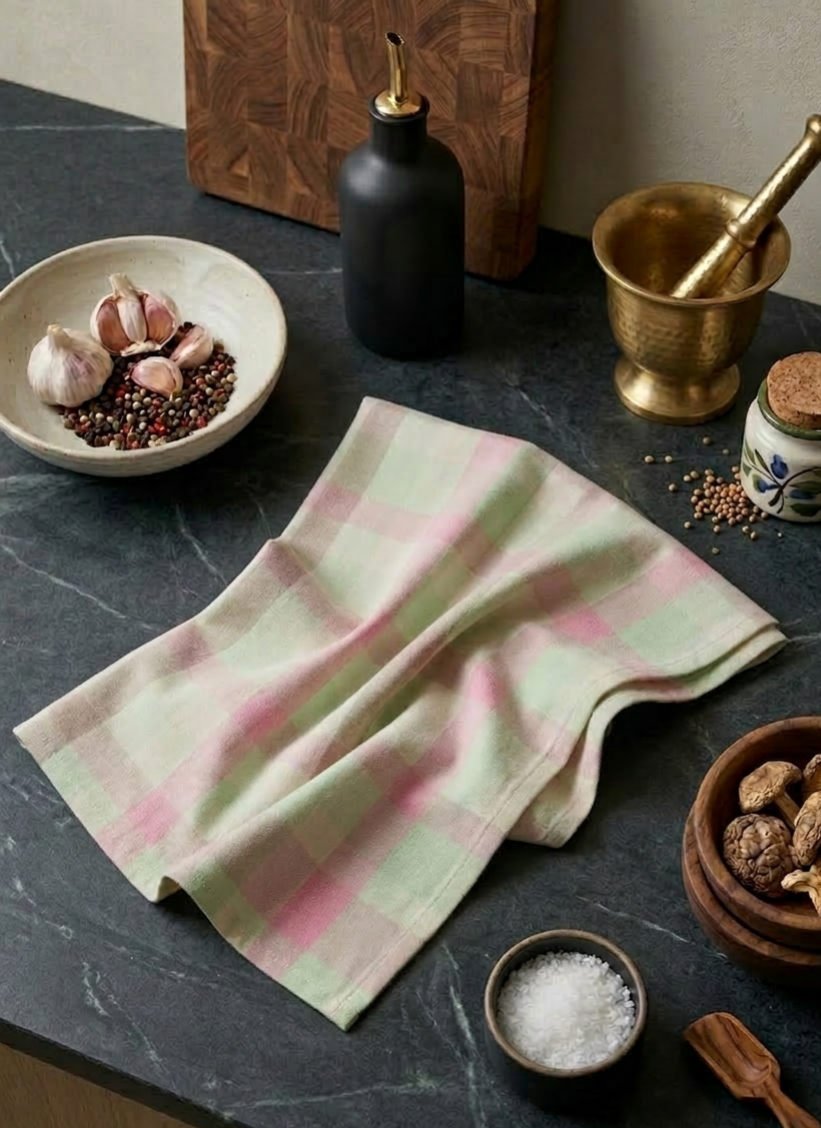 Gefaltetes rosa-grün kariertes Küchenhandtuch aus Stoff auf dunkler Arbeitsplatte, umgeben von Mörser, Ölflasche und Gewürzen, stimmungsvolle Küchendeko