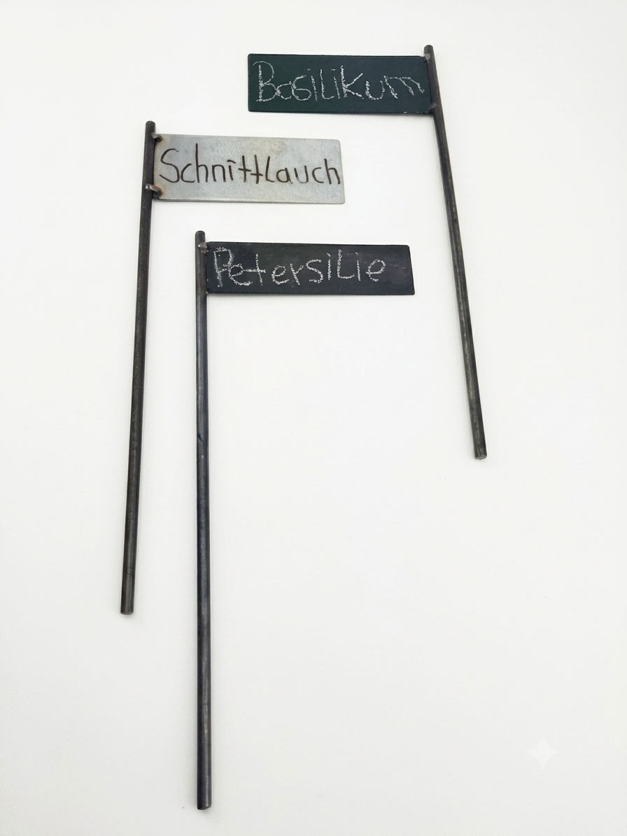 Drei Metall-Pflanzschilder mit beschriftbarer Tafel für Kräuter wie Basilikum, Schnittlauch und Petersilie
