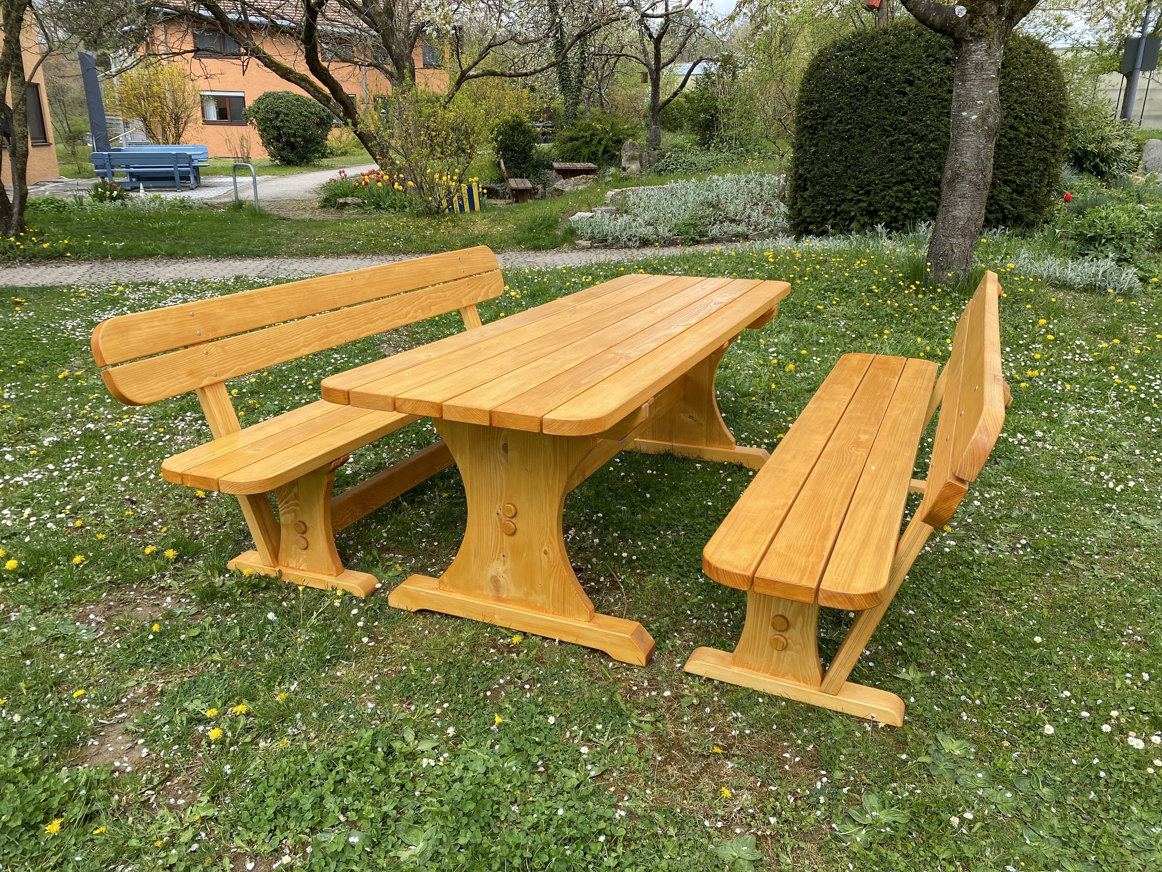Massive Holz-Gartenmöbel als Sitzgruppe mit rechteckigem Tisch und zwei Bänken auf einer Wiese im Garten