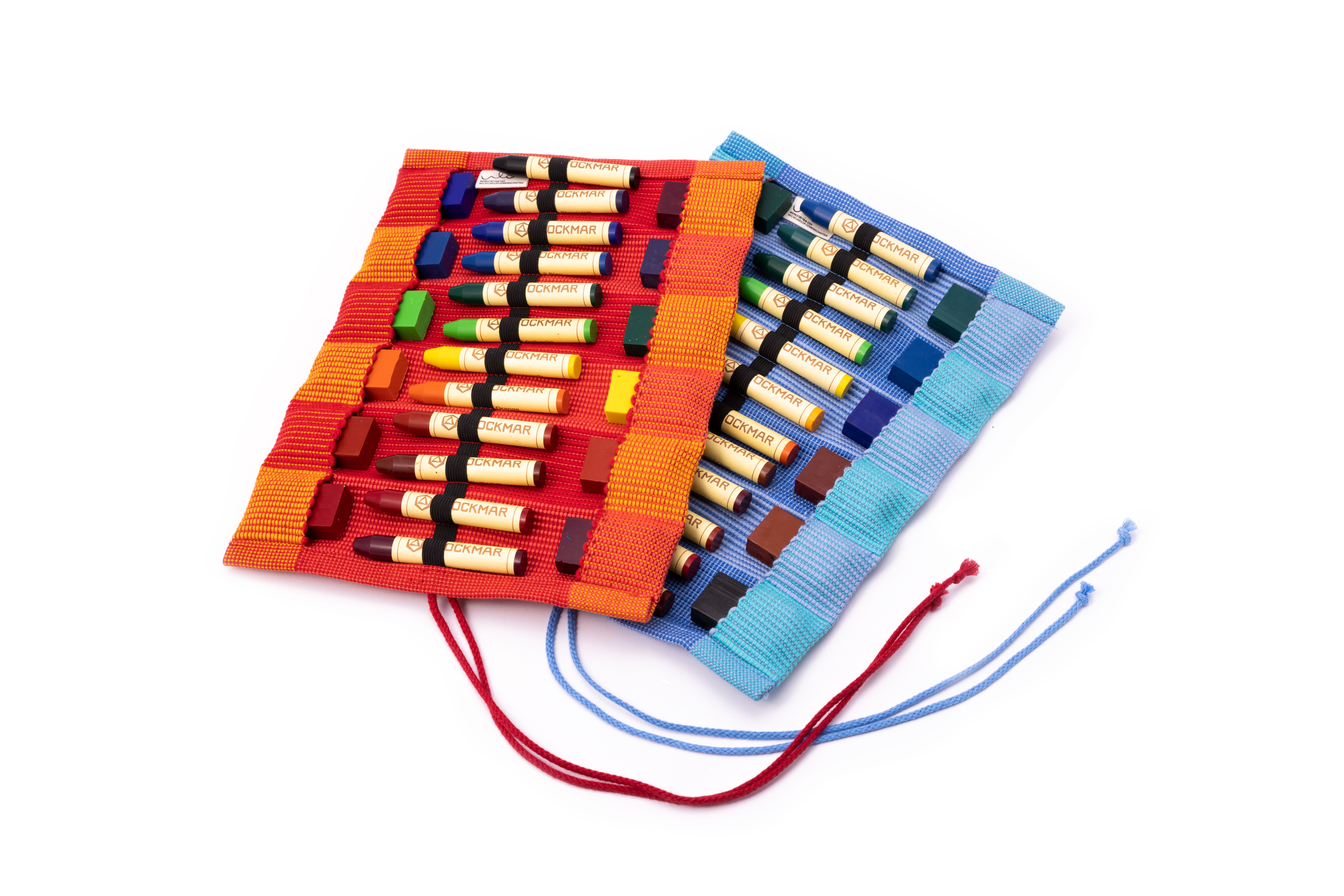 Hochwertiges Wachsmalstiftset in praktischer Rolltasche Farbenfrohes Set aus Wachsmalstiften in roten und blauen Rolltaschen