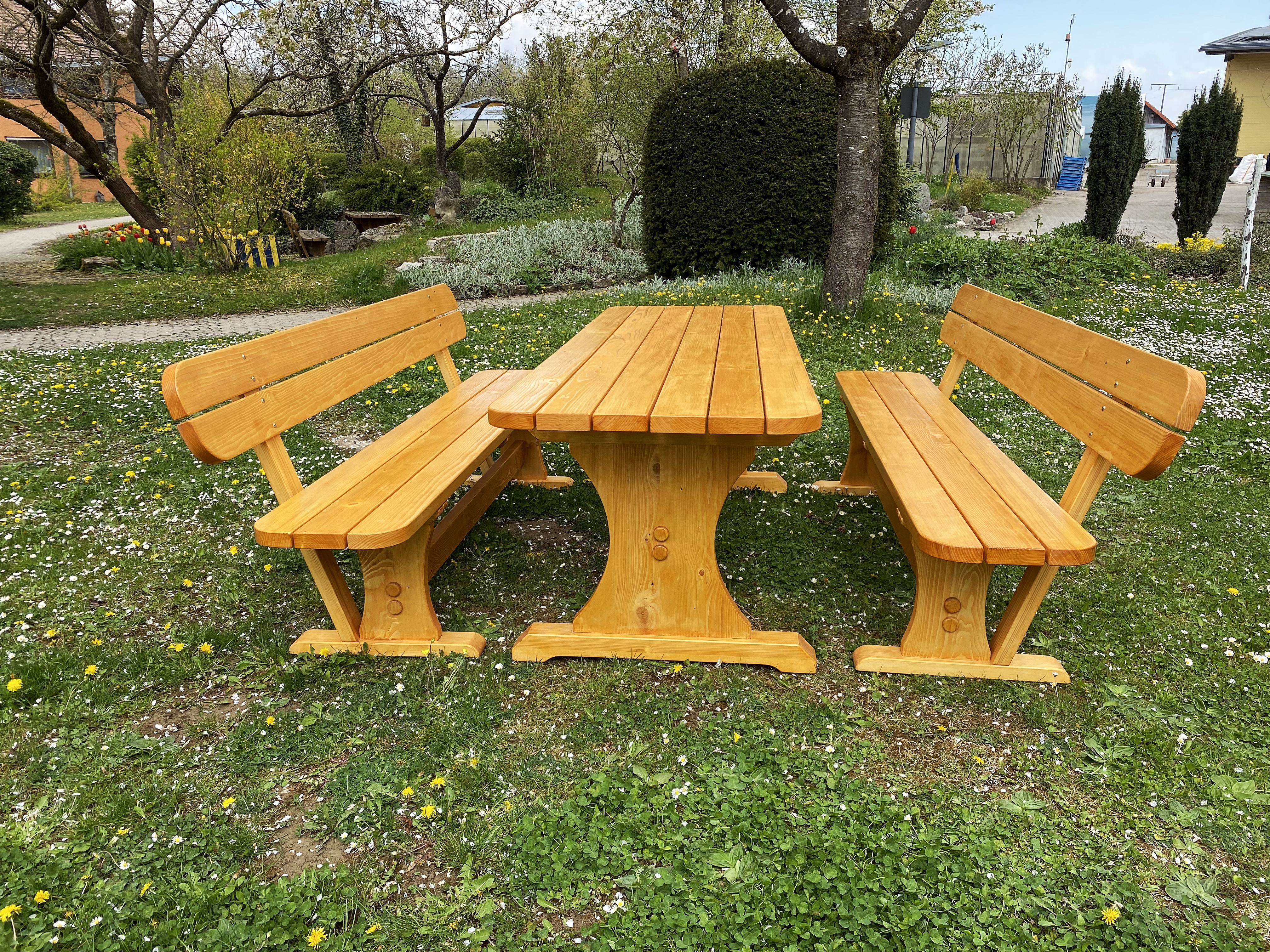 Massive Holz-Gartenmöbel als Sitzgruppe mit rechteckigem Tisch und zwei Bänken auf einer Wiese im Garten