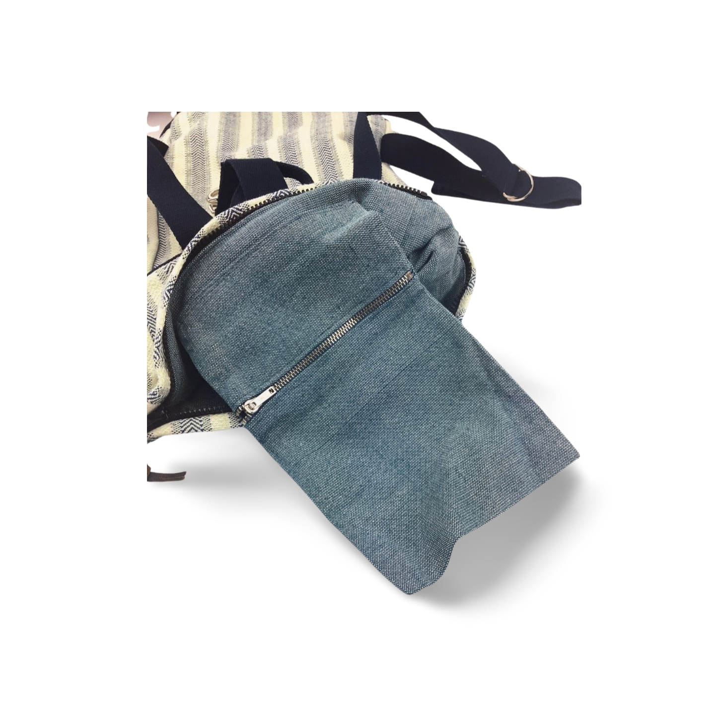 Modische Schultertasche aus Jeansstoff mit Reißverschluss Nahaufnahme einer blauen Jeansstoff-Schultertasche mit Reißverschluss-Detail