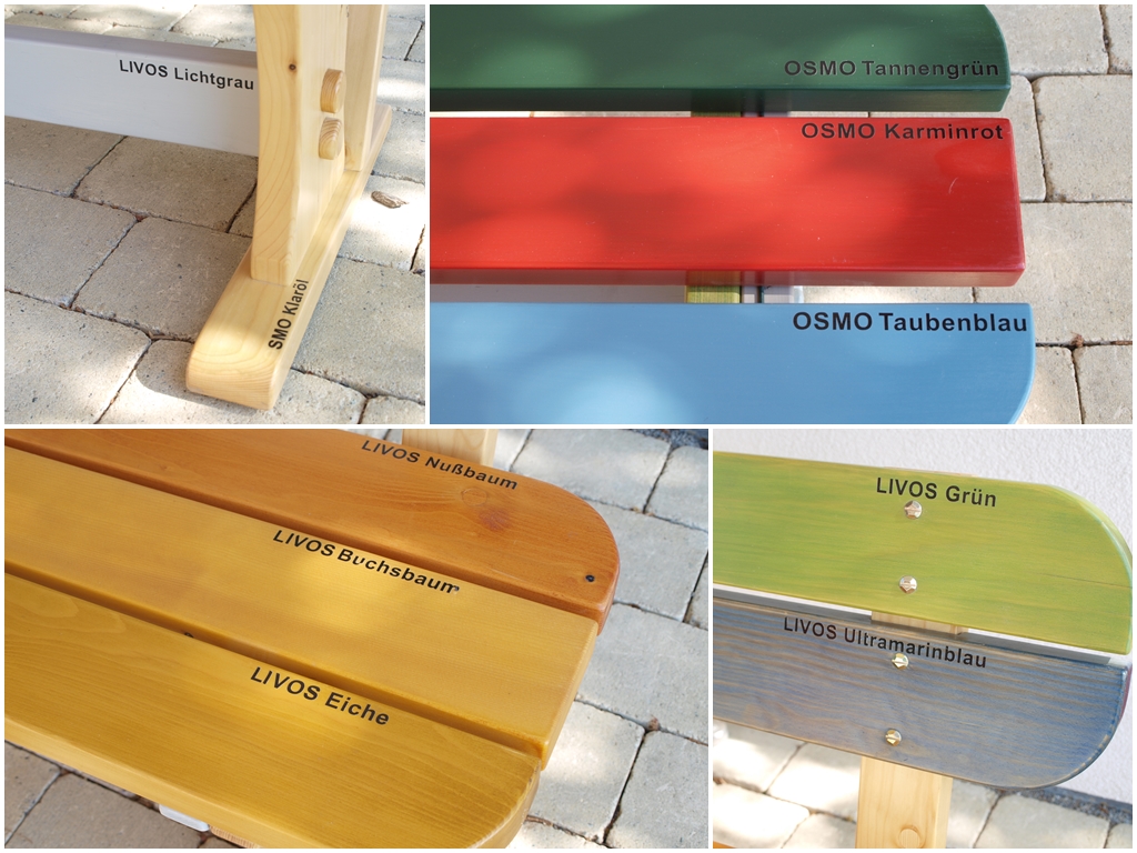 Collage einer Holzbank mit beschrifteten Farbmustern von LIVOS und OSMO in Grau, Grün, Rot, Blau, Eiche, Buche, Nussbaum und Kiefer