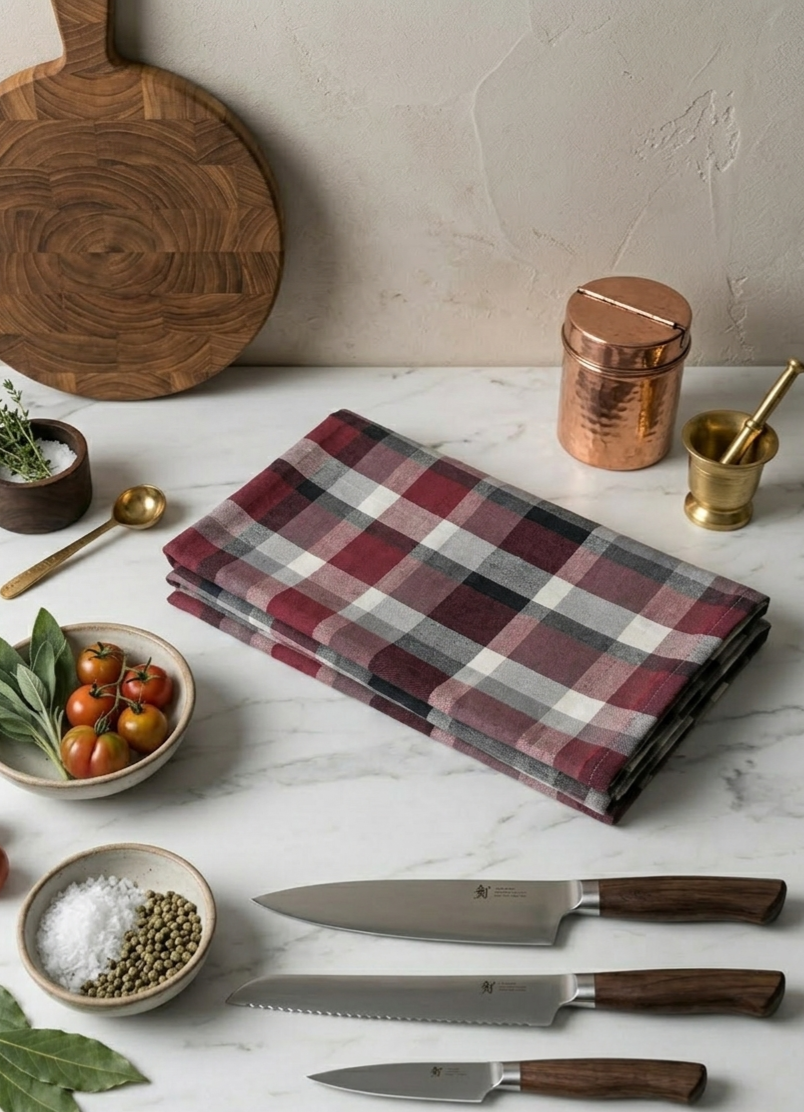 Gefaltetes Küchenhandtuch mit rot-grau kariertem Muster auf einer Marmorarbeitsplatte, umgeben von Schneidebrett, Messern, Gewürzen und frischen Tomaten, im modernen Landhausstil dekoriert