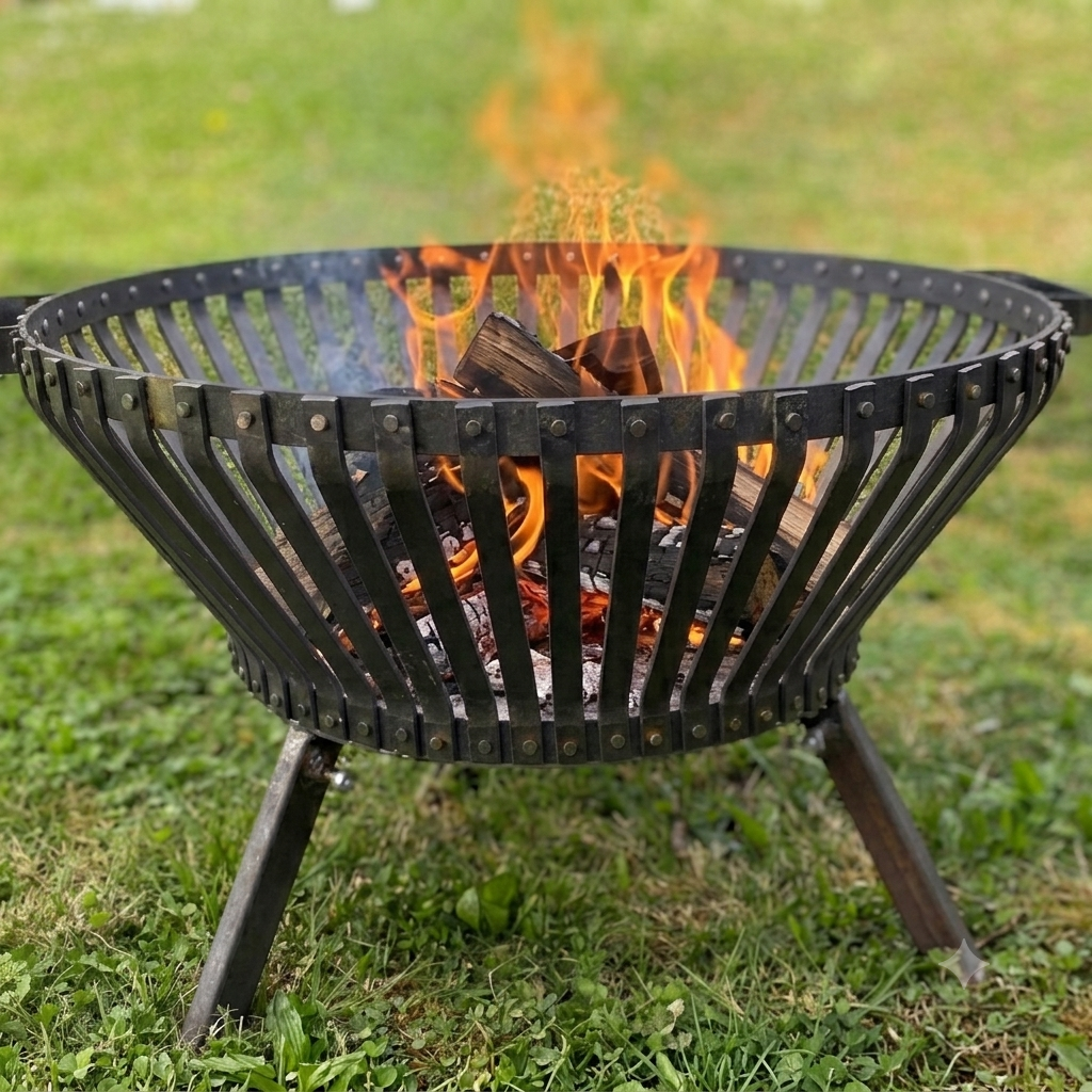 Runde Feuerschale aus schwarzem Metall mit brennendem Holz auf dem Rasen im Garten