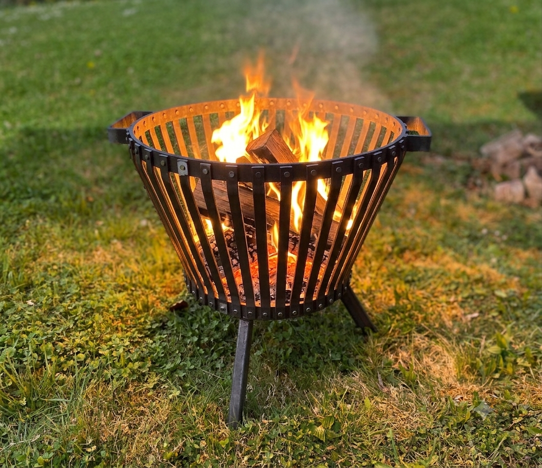 Schwarze Feuerschale aus Metall mit loderndem Holzfeuer auf einer Rasenfläche im Garten