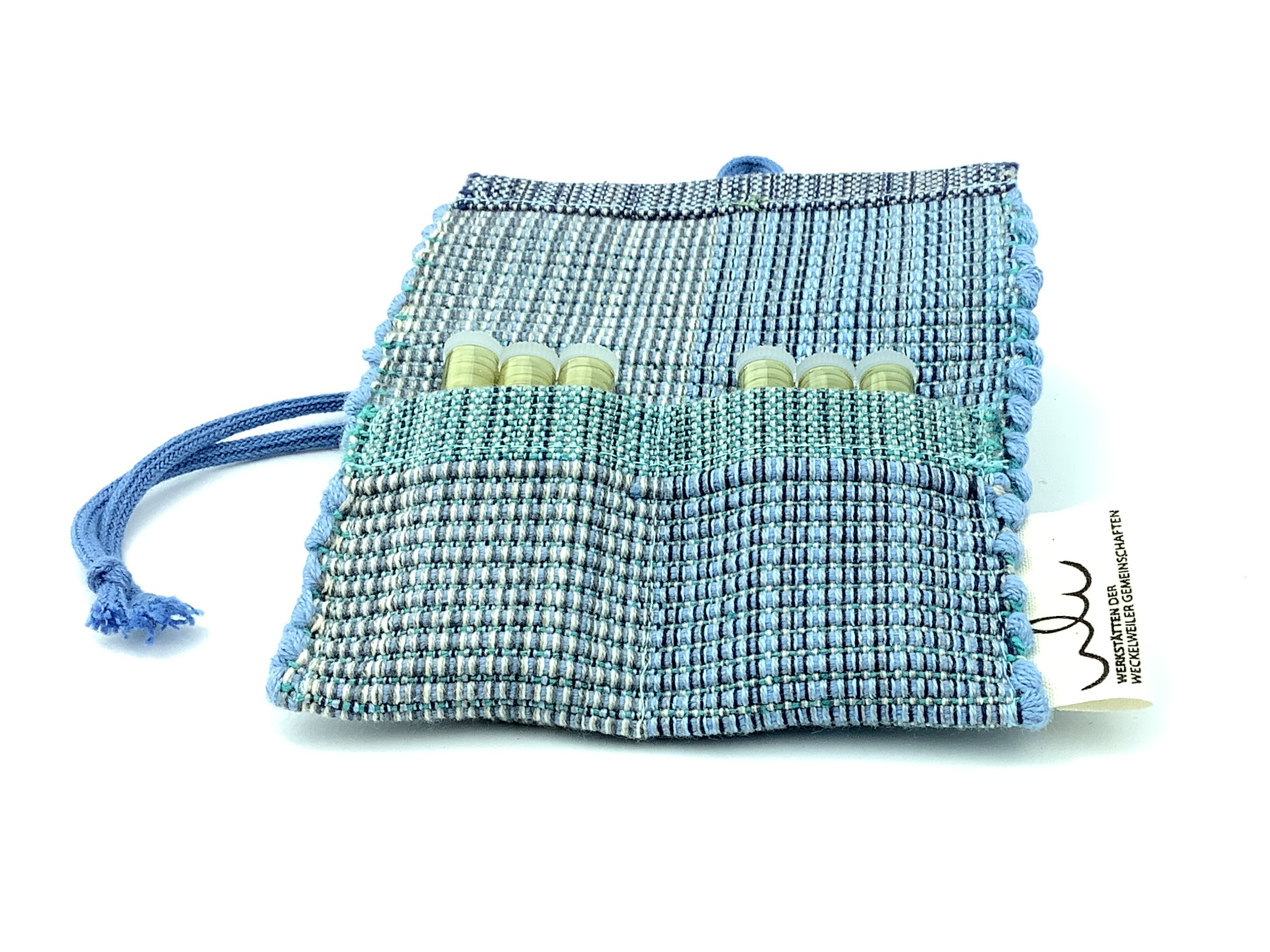 Handgewebtes Etui aus blauer Baumwolle mit Kordelzug Handgewebtes blaues Etui mit Kordelzug und kleinen Fächern für Accessoires