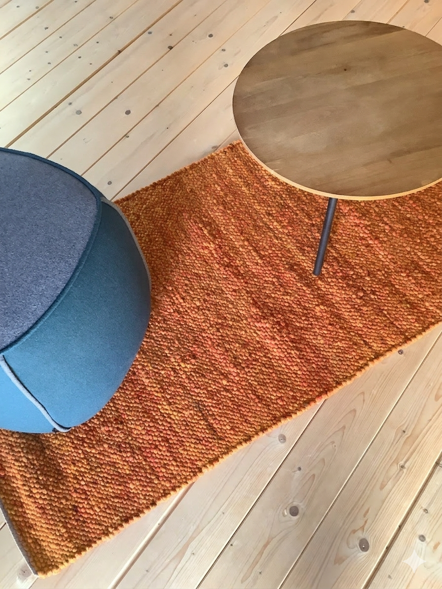 Runder Holztisch mit Metallfuß auf orangefarbenem Teppich neben blauem Pouf auf hellem Holzboden