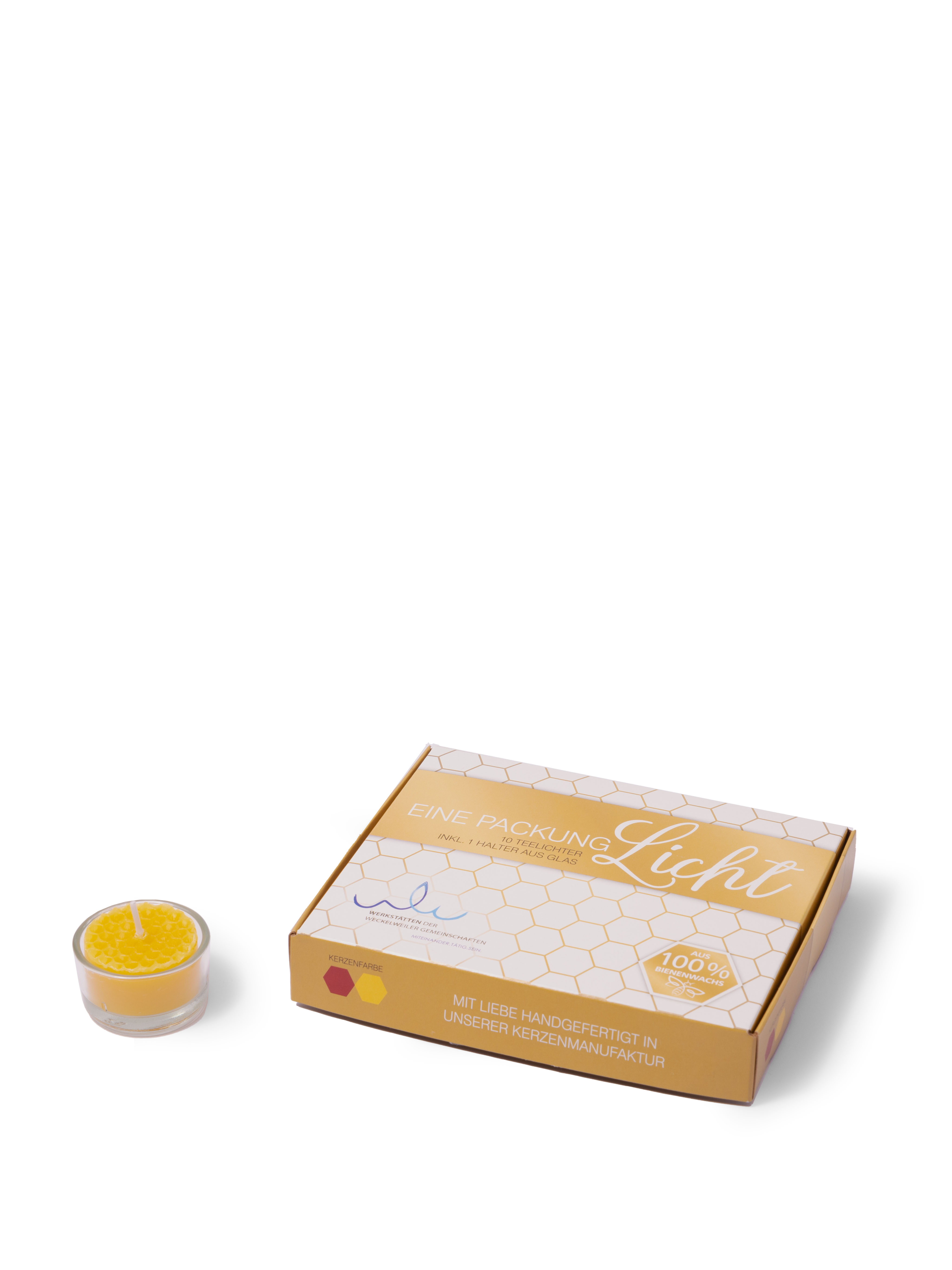 Handgefertigte Bienenwachskerzen-Set in schöner Verpackung Set aus handgefertigten Bienenwachskerzen mit Glashalter, in stilvoller, gelber Verpackung mit Bienenwabenmuster