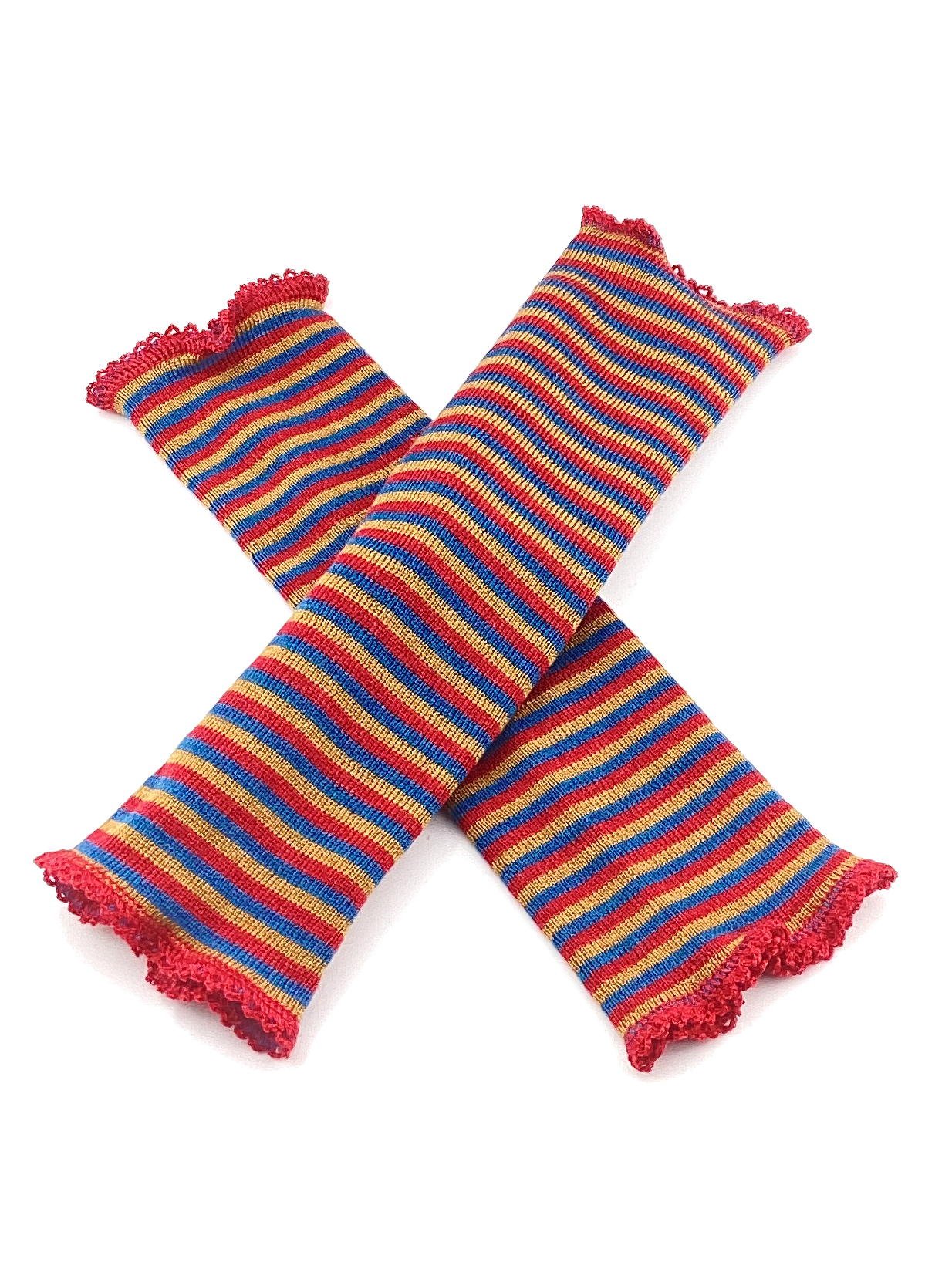 Bunte gestreifte Armstulpen mit Spitze Zwei bunte Armstulpen mit Streifenmuster und Spitzensaum