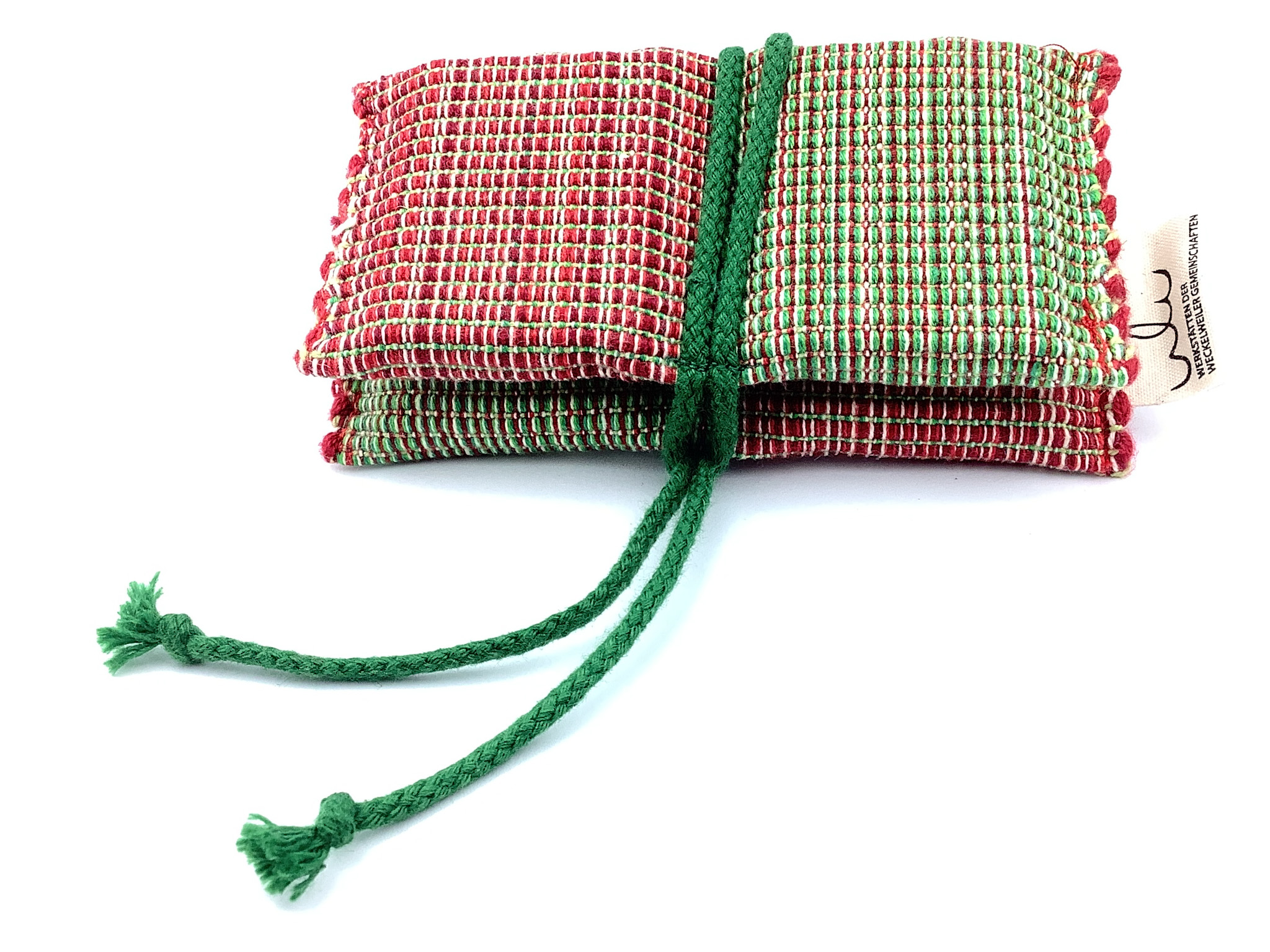 Handgefertigte bunte Stofftasche mit Bändern Kleine handgewebte Tasche in Rot und Grün mit grünen Bändern