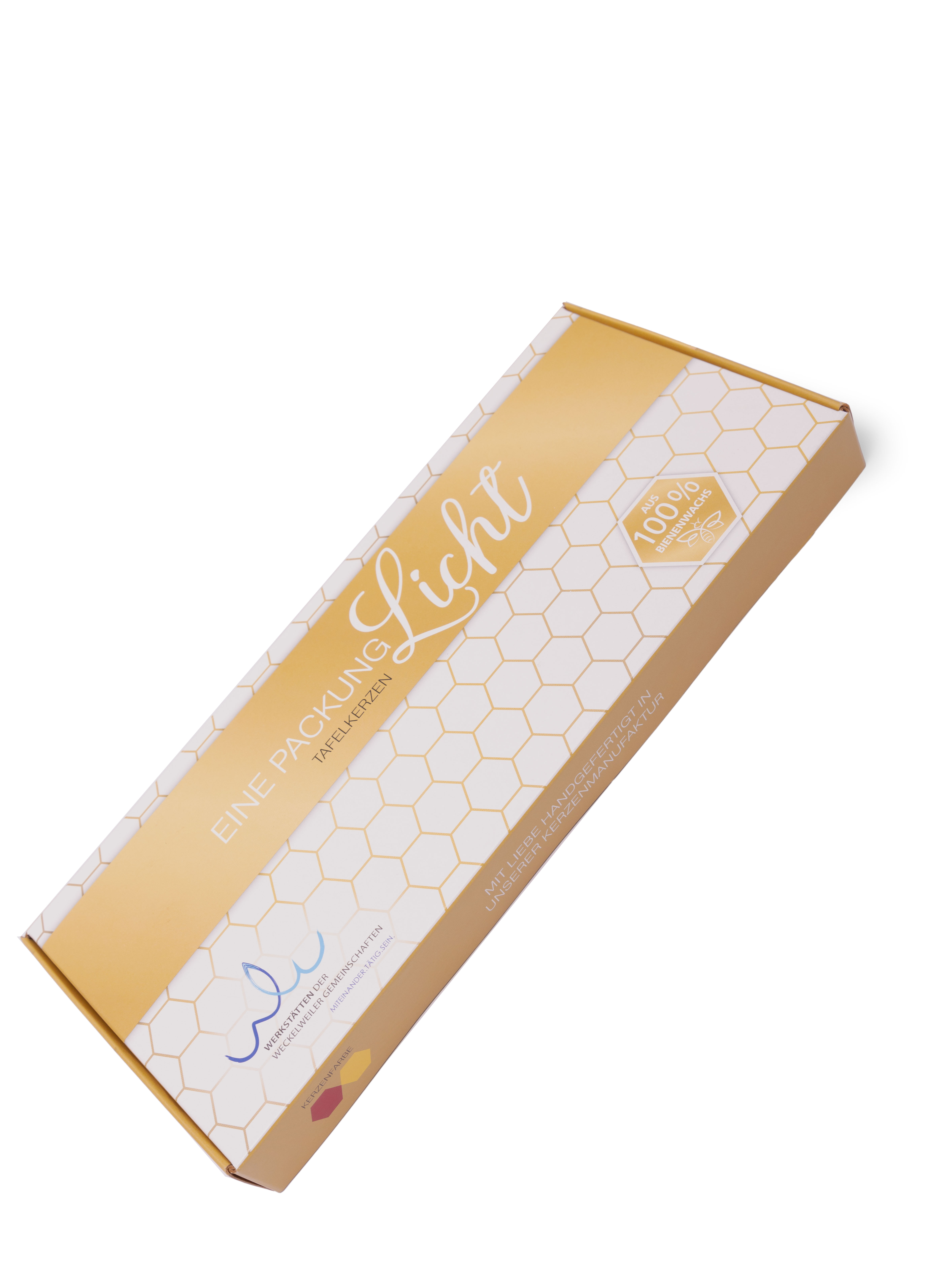Verpackung mit handgefertigten Bienenwachskerzen Gelbe Kartonverpackung mit der Aufschrift 'Licht', handgefertigte Kerzen aus 100% Bienenwachs