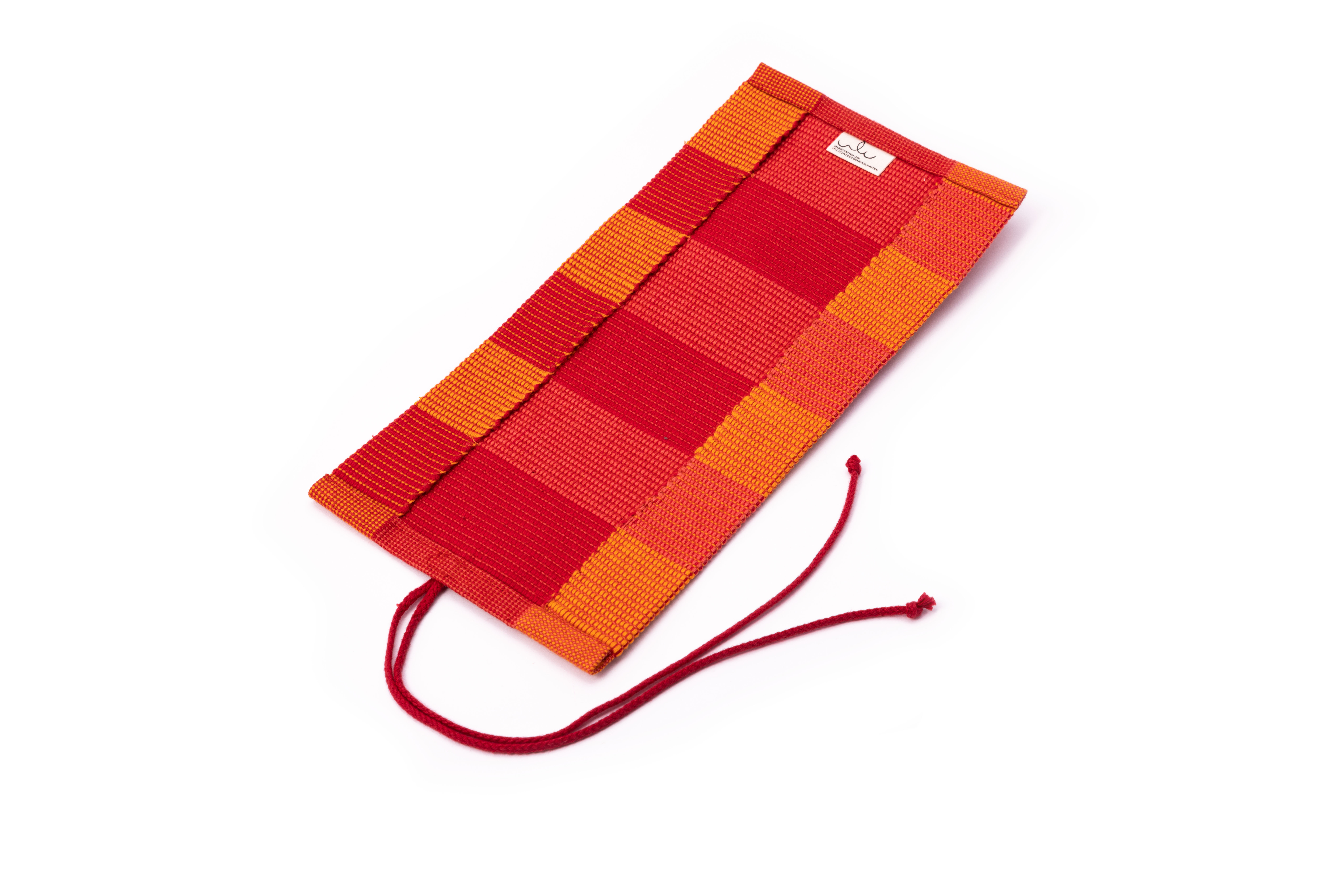 Handgewebtes Etui in Rot und Orange mit Kordelzug Handgewebtes Etui aus rotem und orangefarbenem Stoff mit Kordelzug, ideal für Brillen oder Stifte