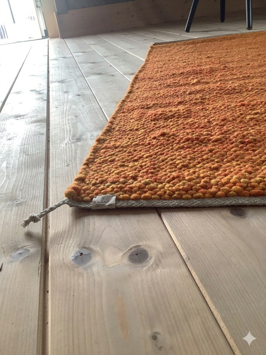 Nahaufnahme eines handgefertigten orangefarbenen Wollteppichs mit strukturierter Oberfläche auf hellem Holzboden in einem modernen Wohnraum