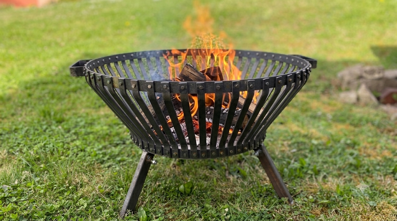 de-DE: Schwarze Metall-Feuerschale mit offenem Feuer und Holzscheiten auf einer Rasenfläche im Garten