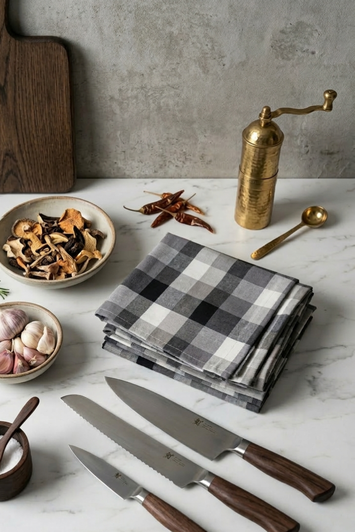 Gefaltete grau-schwarz karierte Küchentücher auf einer Marmorarbeitsplatte, dekoriert mit Messern, Holzbrett und Küchenaccessoires für eine stilvolle Küche