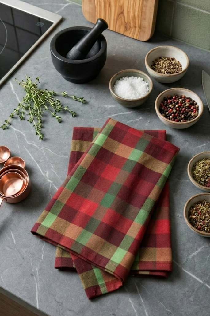 Zwei zusammengelegte Küchentücher mit rot-grün kariertem Muster auf einer Küchenarbeitsplatte, umgeben von Gewürzen und Küchenutensilien