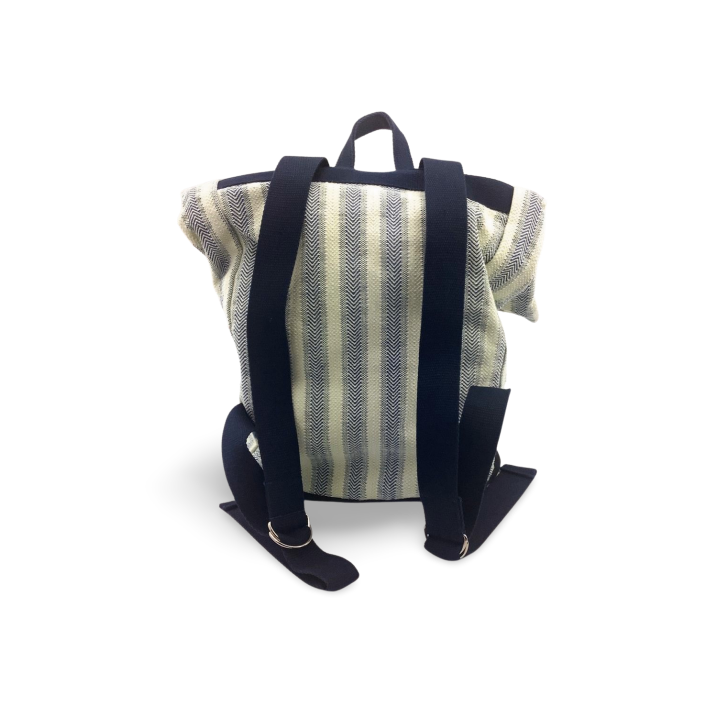 Moderner gestreifter Rucksack mit blauen Trägern Ein gestreifter Rucksack mit blauen Trägern, ideal für den Alltag