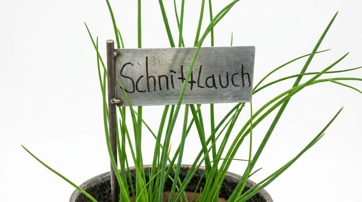 Topf mit frischem Schnittlauch und Metallschild mit Aufschrift „Schnittlauch“
