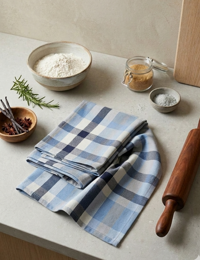 Gefaltetes, blau-weiß kariertes Küchentuch auf Arbeitsplatte, arrangiert mit Schüssel Mehl, Gewürzen und Nudelholz – stilvolles Geschirrtuch für die Küche