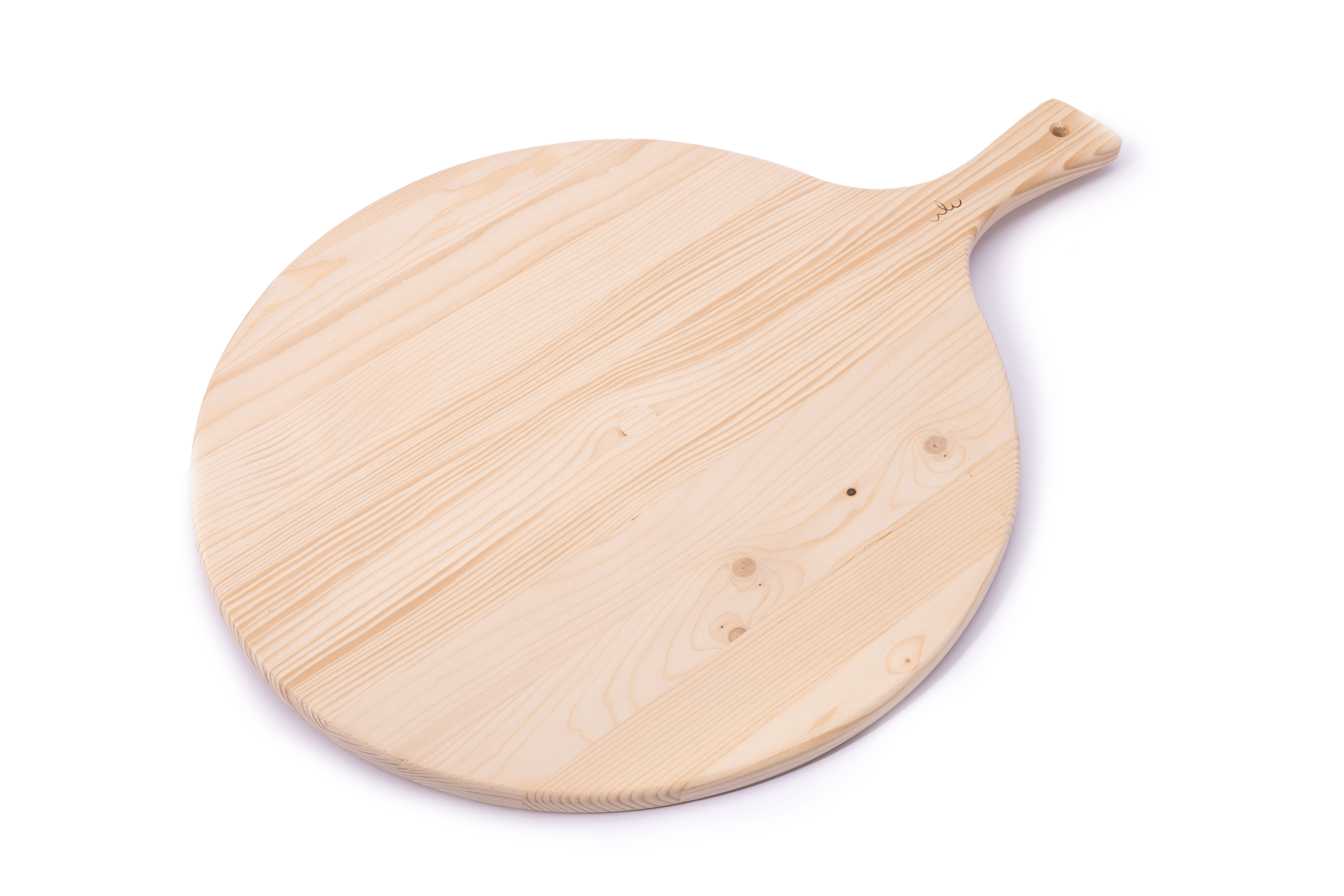 Rundes Holzbrett mit Griff in natürlicher Optik Ein rundes Holzbrett mit Griff, geeignet für den Einsatz in der Küche oder als Servierplatte, zeigt eine natürliche Holzmaserung.