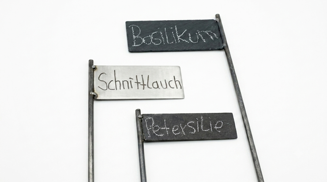 Drei Kräuter-Pflanzschilder aus Metall und Schiefer, beschriftet mit Basilikum, Schnittlauch und Petersilie
